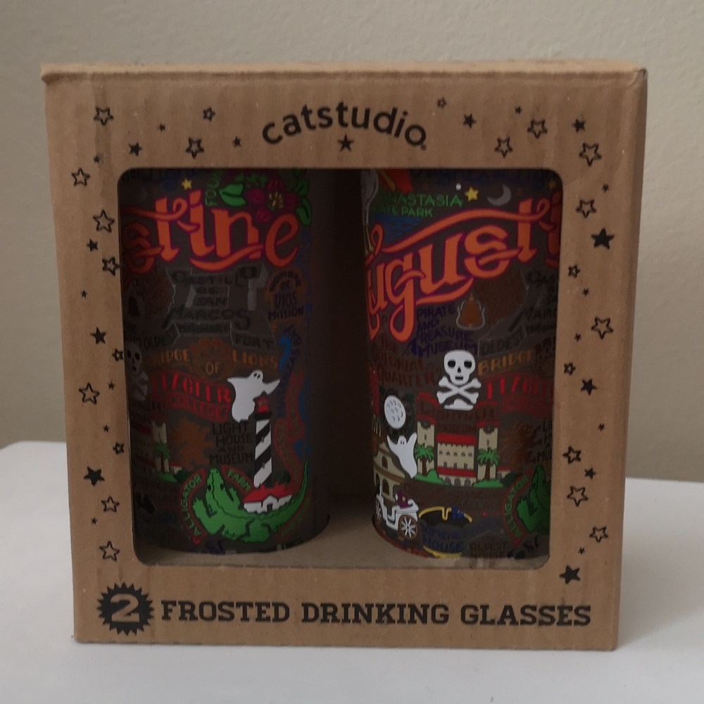 New In Box Catstudio St. Augustine Frosted Drinking Glasses 15oz Fun Graphics